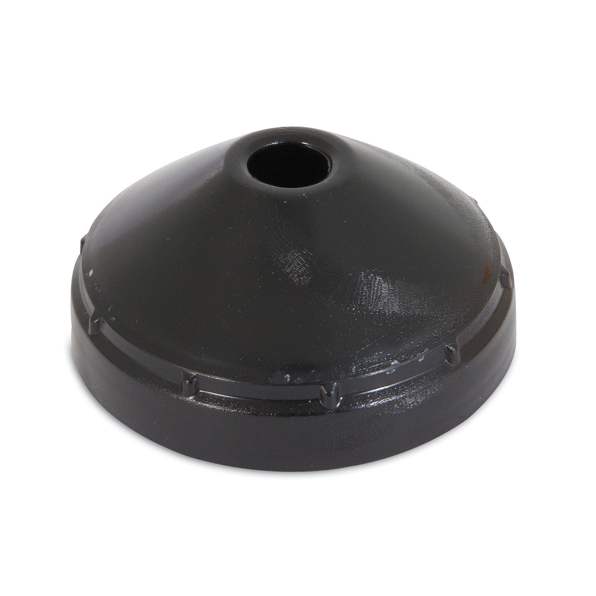 A black, dome-shaped Aspen Pet Small Lebistro Gravity Waterer Replacement Cap/Lid, with a central circular hole and notched raised base, designed for the 1-gallon model, is shown sitting on a white background.
