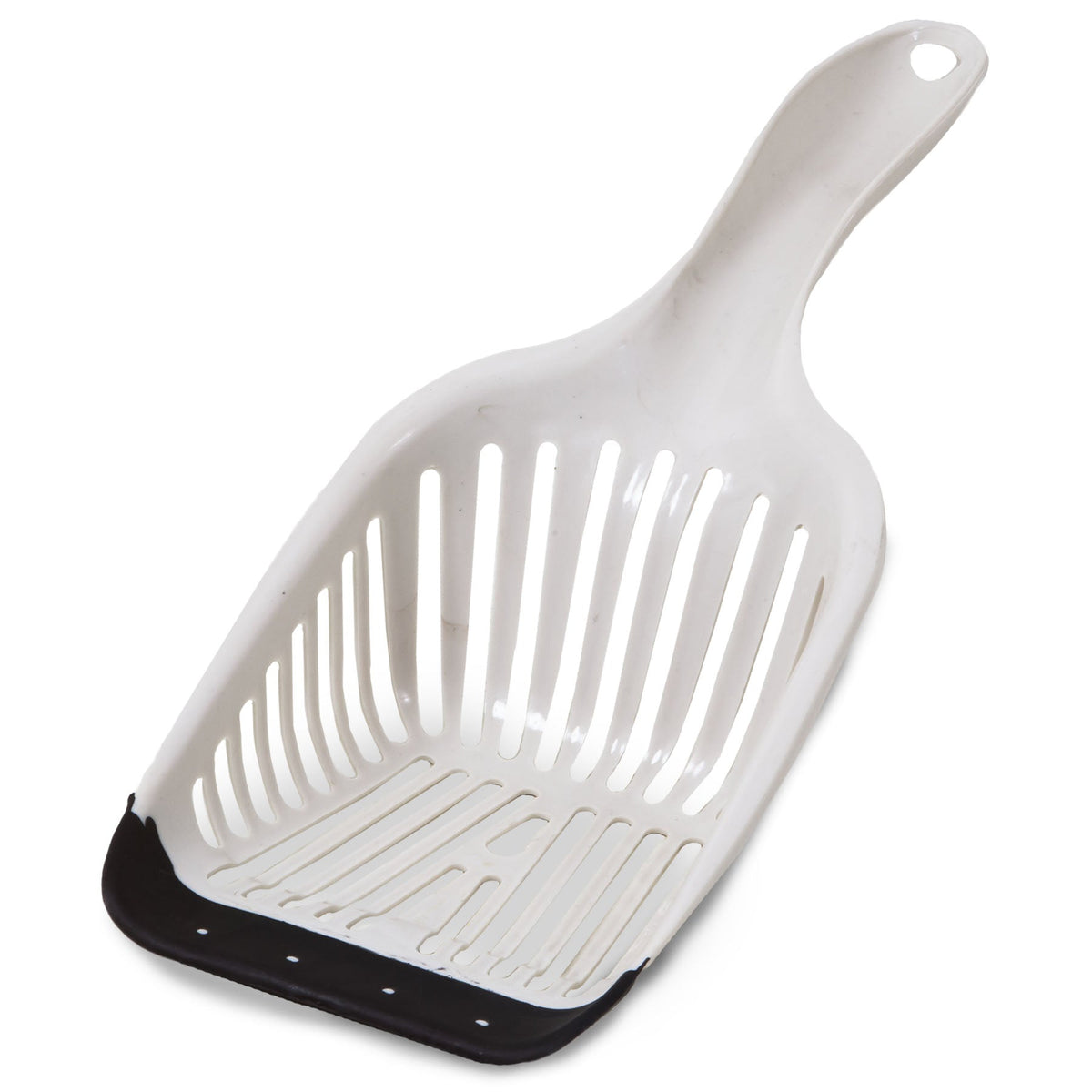 Introducing the Aspen Pet No Tear Cat Litter Scoop: A white plastic scoop with slotted holes, a black rubber edge, and a comfortable grip. Its long handle has a small hole for easy hanging, making it perfect for your kitty litter box maintenance.