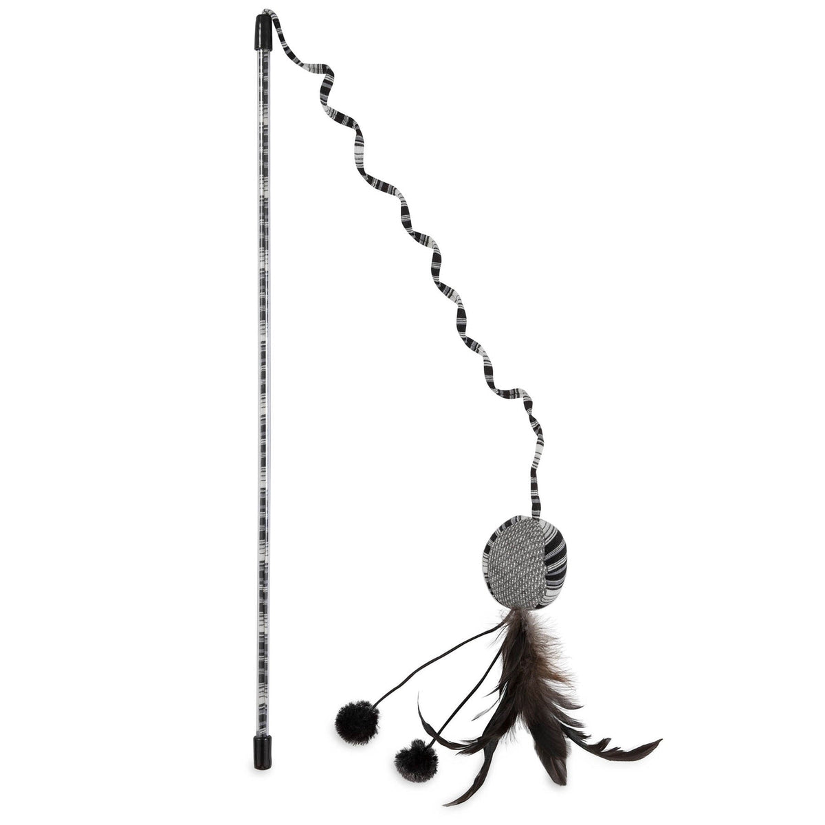 The JW Feather Ball Cat Wand by JW Pet features a black and white feather design with a long stick, spiraled ribbon, round plush ball, two pom-poms, and dark feathers—perfect for keeping your cat entertained.