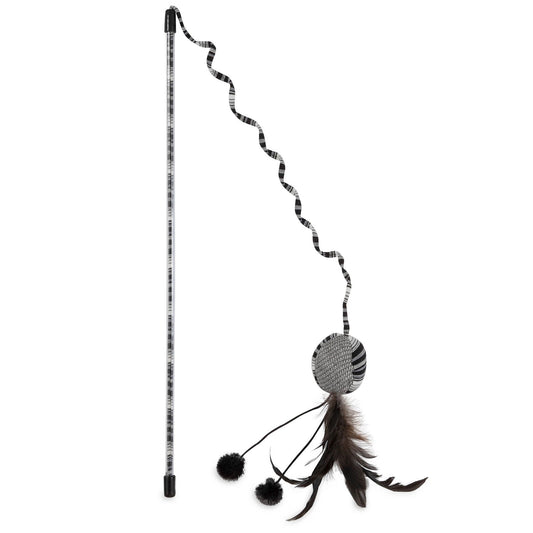 The JW Feather Ball Cat Wand by JW Pet features a black and white feather design with a long stick, spiraled ribbon, round plush ball, two pom-poms, and dark feathers—perfect for keeping your cat entertained.