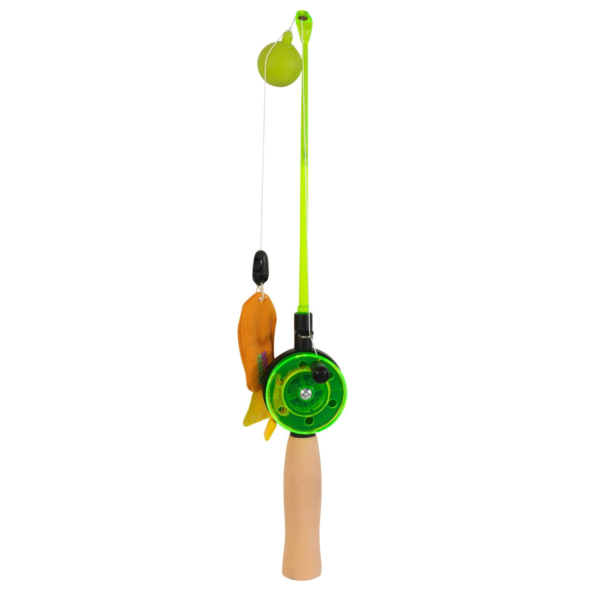 The Mad Cat Go Fish Light Up Wand Cat Toy features a bright green rod with a beige handle, a spinning reel, and comes with an orange fish and green ball float attached to the line. Perfectly designed by Mad Cat for imaginative pretend play.