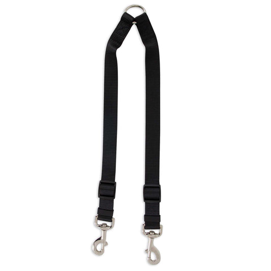 The Aspen Pets Petmate Take Two Nylon Coupler Dog Leash is a black nylon leash with two metal swivel clips and a sturdy center ring, ideal for easily walking two dogs at once.