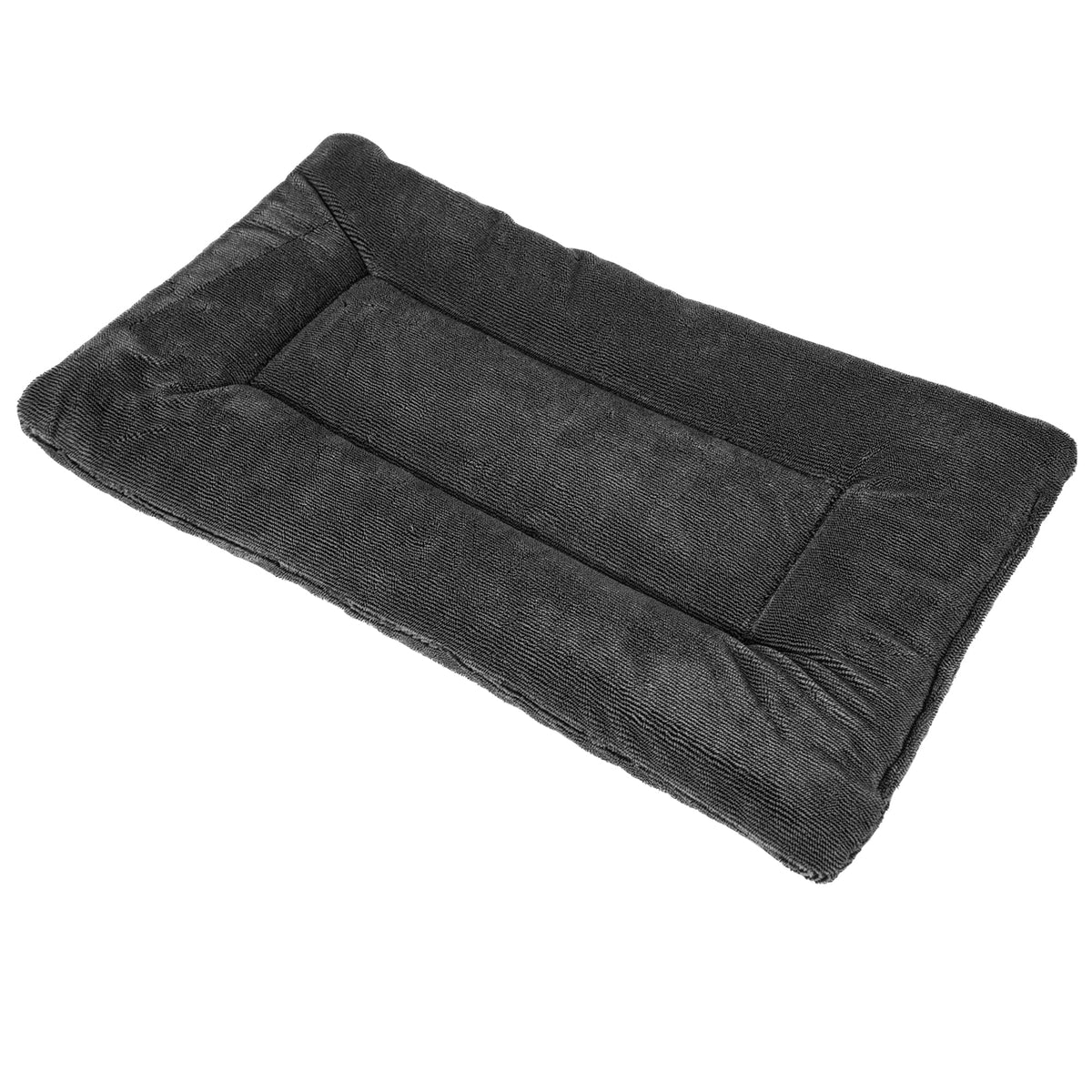 The Petmate Kennel Mat by Petmate is a rectangular, dark gray pet bed with a soft, cushioned surface and raised edges. Its plush mattress offers comfort, while the non-skid bottom keeps it securely in place when viewed from a slightly elevated angle.