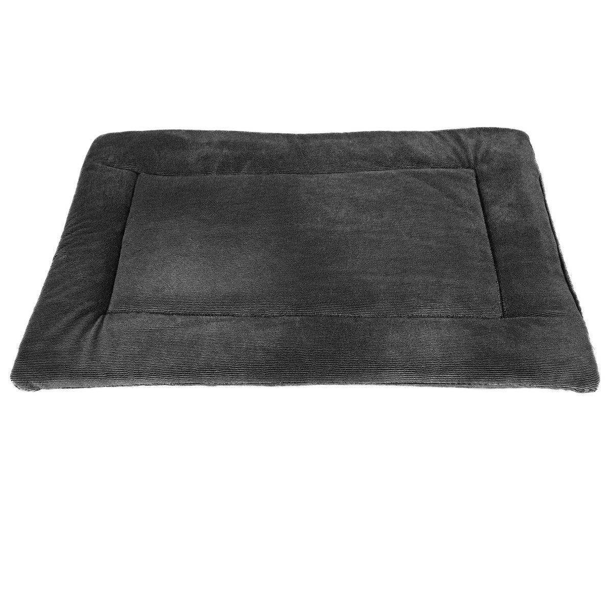 The Petmate Kennel Mat by Petmate is a plush black rectangular pet bed with slightly raised edges, a soft padded surface, and a non-skid bottom to ensure it stays in place.