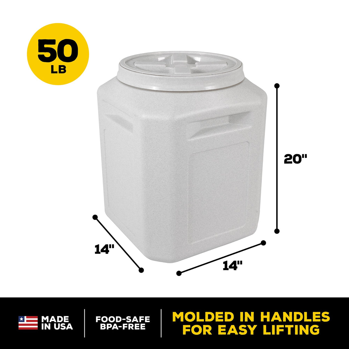 The Vittles Vault Outback is a large, white plastic pet food container by Vittles Vault, featuring a screw-on Gamma Seal Technology lid. It holds 50 pounds and measures 20 tall by 14 wide and deep. Made in the USA, its food-safe, BPA-free, with molded handles and an airtight seal.