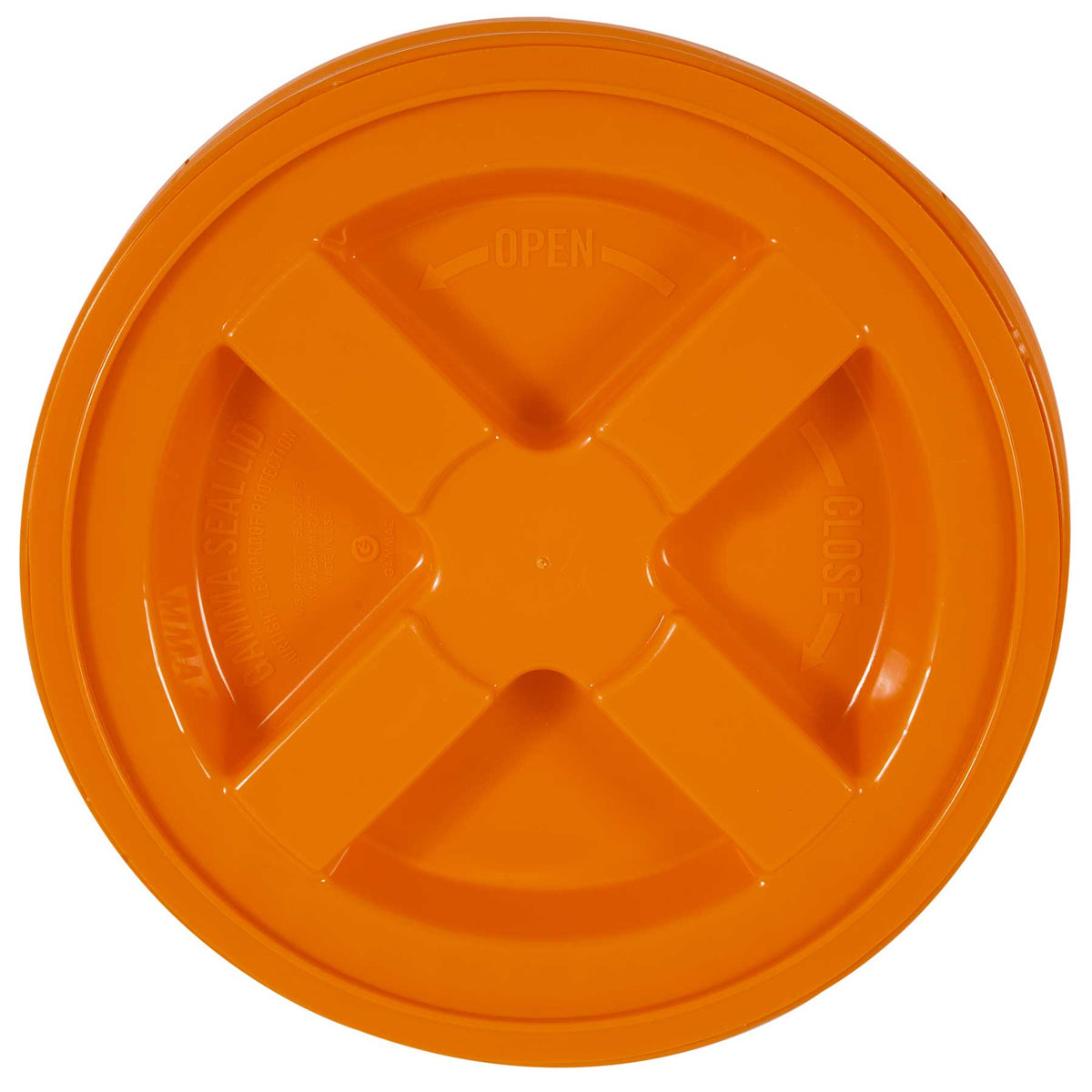 The Gamma2 GAMMA Seal Lid is an orange, round BPA-free HDPE plastic lid with an X-shaped design. It features embossed Open and Close labels with arrows for direction. This lid ensures an airtight seal to keep contents fresh.