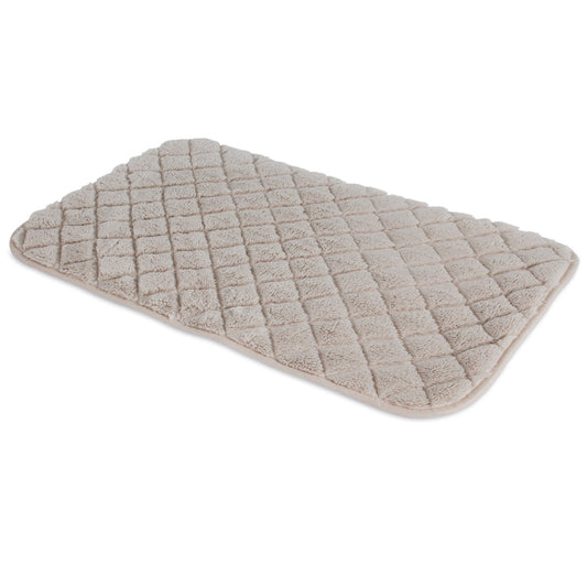 The Snoozzy Natural Quilted Kennel Mat, beige and rectangular, features a quilted texture crafted from super-soft fabric. This luxurious mat offers comfort and is machine washable for easy care.