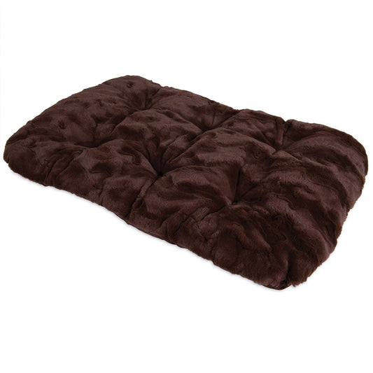 The SnooZZy Cozy Comforter Kennel Mat is a plush, dark brown, rectangular mat with a tufted design creating quilt-like sections, offering fluffy comfort for your pet. Its machine washable for easy maintenance.