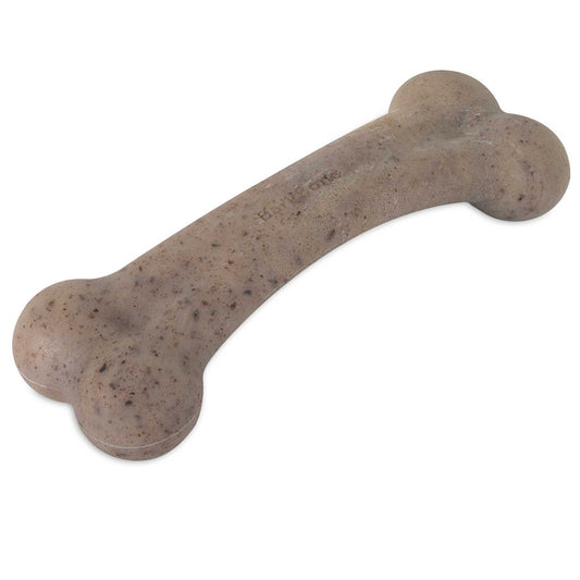 A large, beige BarkBone Natural Instincts Bacon-Infused Nylon Dog Chew with a speckled texture is on a white background. This nylon chew by Barkbone Natural Instincts has rounded ends and a slightly textured surface resembling stone or concrete.