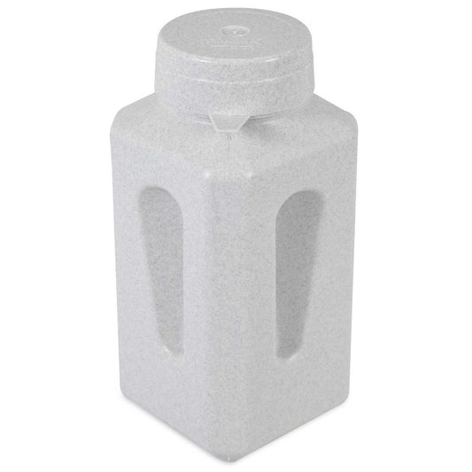 The Vittles Vault Junior by Vittles Vault is a gray BPA-free plastic jug with a wide round screw-on cap for pet food storage. Its rectangular shape has indented grip areas, and the smooth surface ensures safety for your furry friends meals.