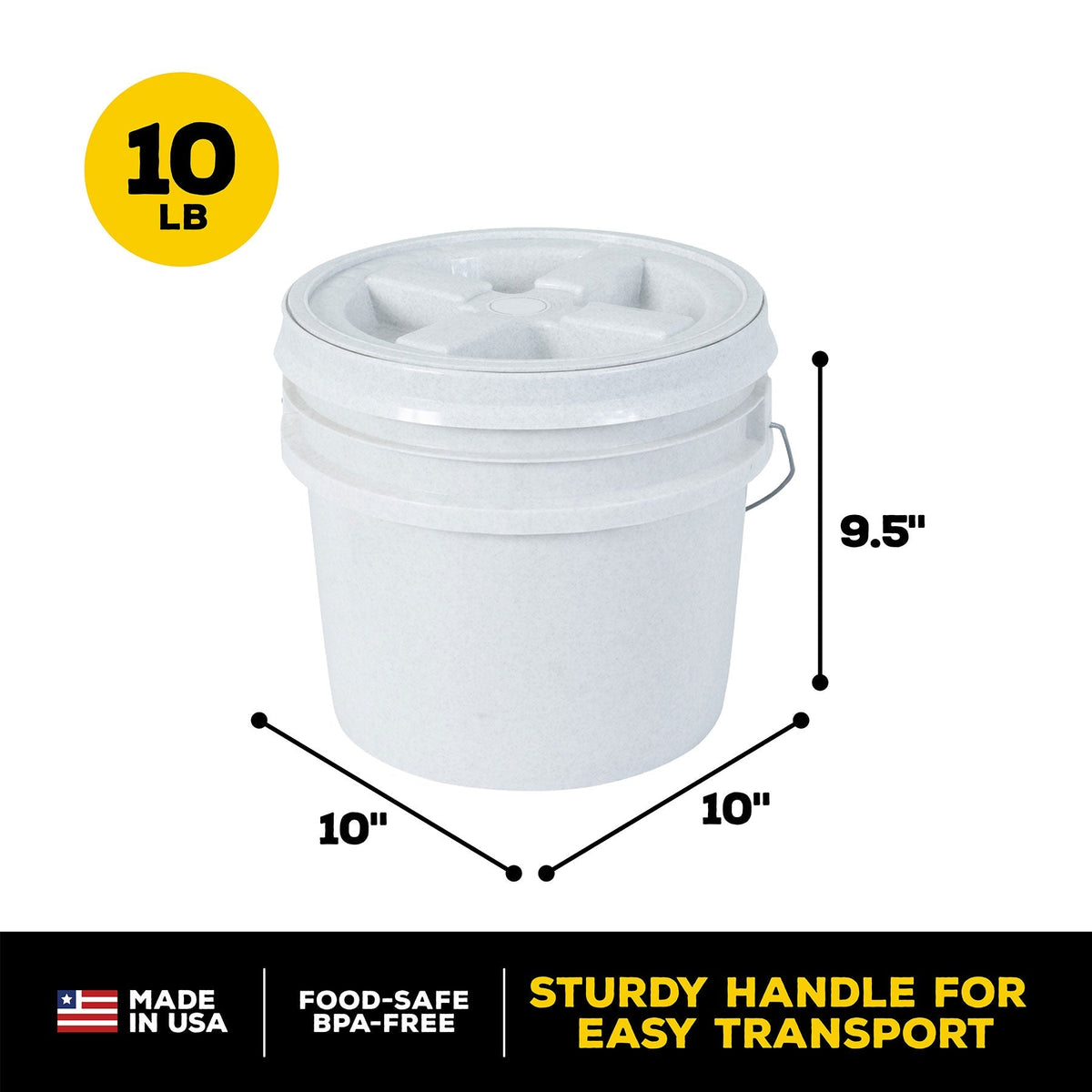 The Vittles Vault Outback Pet Food Storage Bucket by Vittles Vault is a white, round container with an airtight seal, measuring 10 in diameter and 9.5 in height. It holds 10 lbs and has a sturdy handle for transport. Features include Made in USA and Food-Safe BPA-Free.