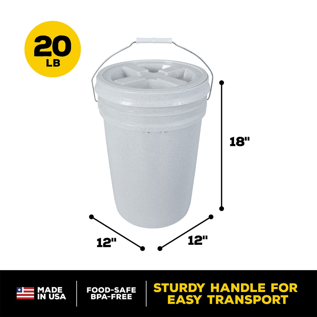 The Vittles Vault Outback Pet Food Storage Bucket, made in the USA, is a gray 5-gallon BPA-free container with an airtight seal. It features an 18 height, 12 diameter, 20 LB label, and a sturdy handle for easy transport, perfect for food storage.